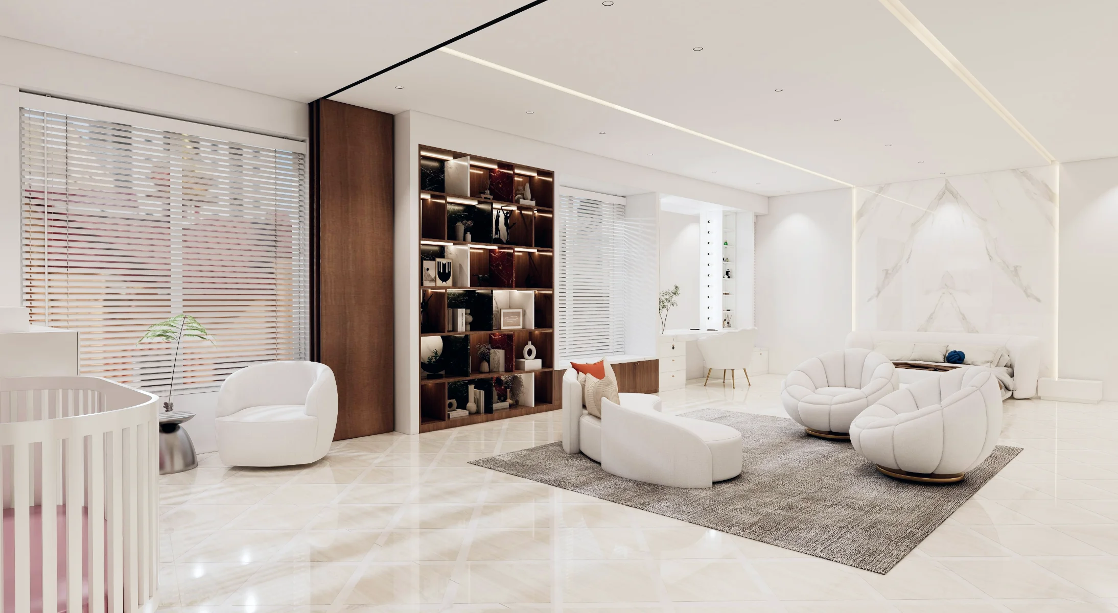 Nowoczesny salon z białymi gładko pomalowanymi ścianami i designerskim umeblowaniem – Malowanie